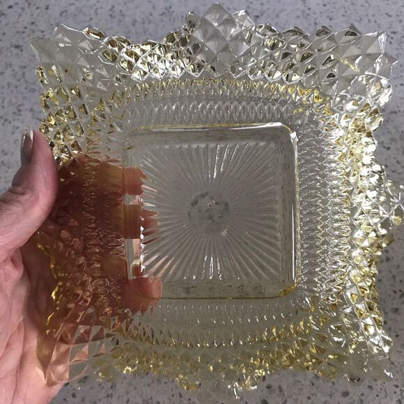 Indiana Glass Yellow Diamond Point Ruffled Square Dishes, 2 - Picture 4 of 5